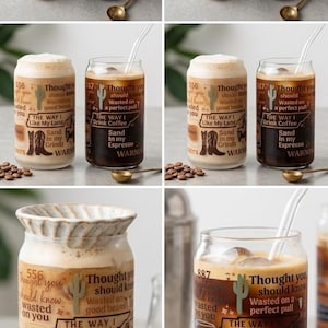 May include: Several iced coffee drinks in clear glass cups with straws. The cups have a Western-themed design with text and images of cowboy boots and cacti. Some cups have foam, others are filled with dark coffee.