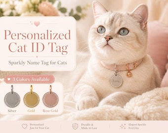 Personalized Cat ID Tag with Name, Sparkly Rhinestone Cat Collar Charm, Custom Kitten Name Tag, Gift for Cat Mom, Silver Gold Rose Gold