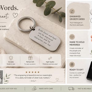 May include: A silver rectangular keychain with a ring, engraved with text. The text reads: "Both front and back can be engraved 4 lines and 35 characters per line." The keychain is shown on a light-colored surface.
