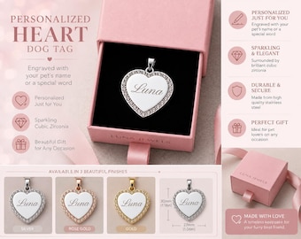 Personalized Heart Pet ID Tag, Custom Engraved Dog Tag for Collar, Cat Name Tag, Gold or Silver Heart Pet Tag, New Puppy Gift