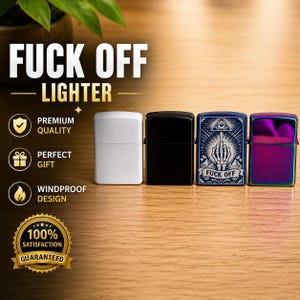 May include: Four metal lighters in a row. One is white, one is black, one has a blue design with a hand giving the middle finger and the text "FUCK OFF", and the last is iridescent purple.