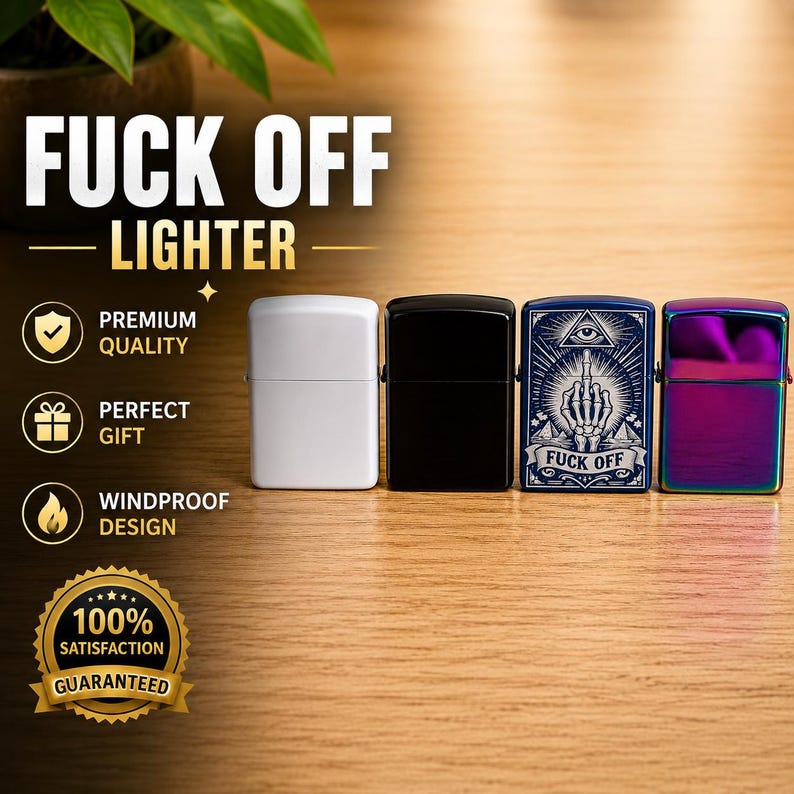 May include: Four metal lighters in a row. One is white, one is black, one has a blue design with a hand giving the middle finger and the text "FUCK OFF", and the last is iridescent purple.