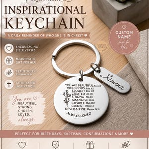 May include: A personalized inspirational keychain with a round pendant and a smaller rectangular tag. The round pendant features the text "You are Beautiful, Strong, Chosen, Loved, Always" and Bible verses. The rectangular tag is engraved with the name "Ximena".
