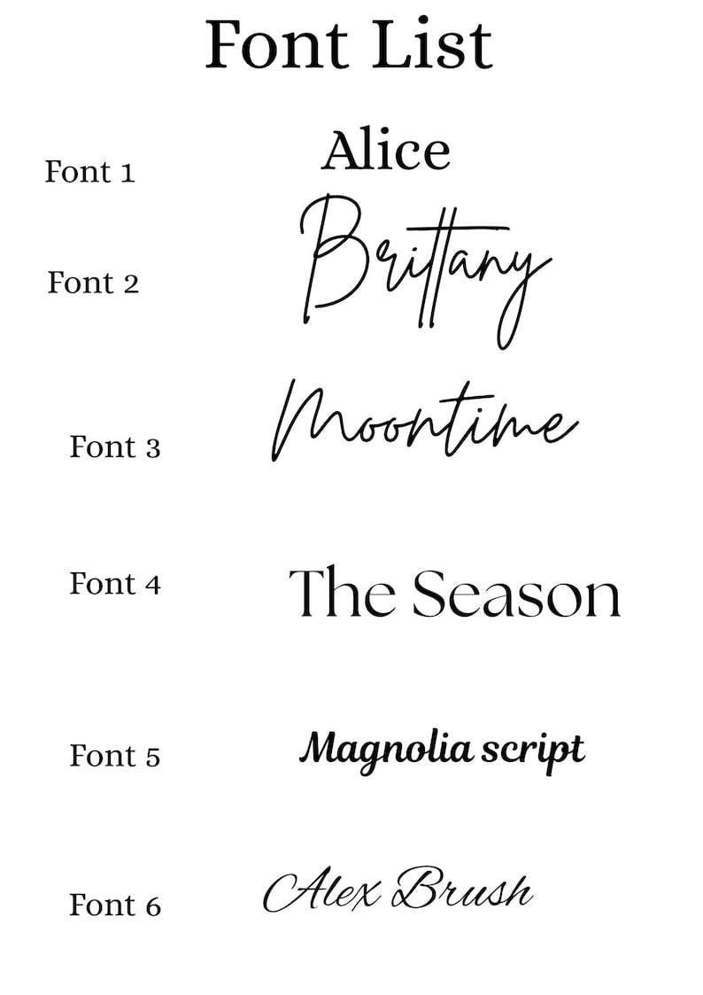 May include: A white background displays a "Font List" with six font examples. Each font is labeled with a number and name: Alice, Brittany, Moontime, The Season, Magnolia script, and Alex Brush. The fonts vary in style.