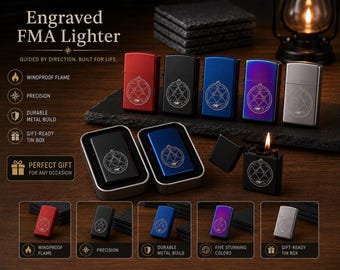 FMA Mustang Engraved Lighter Matte Black Red Blue Rainbow | Fullmetal Alchemist Flame Alchemy Anime Gift
