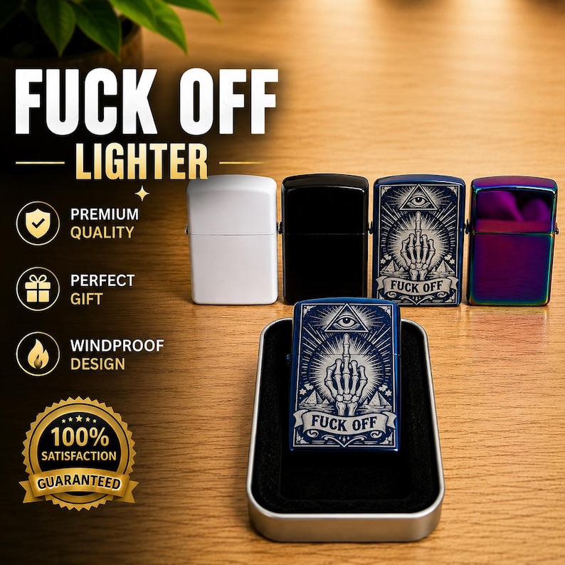 May include: A collection of windproof lighters in various colors, including white, black, blue, and iridescent. The blue lighter features a graphic of a hand giving the middle finger, with the text "FUCK OFF". The text "FUCK OFF LIGHTER" is at the top.