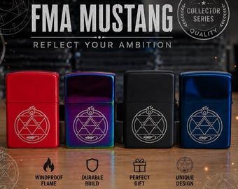 FMA Mustang Engraved Lighter Matte Black Red Blue Rainbow | Fullmetal Alchemist Flame Alchemy Anime Gift