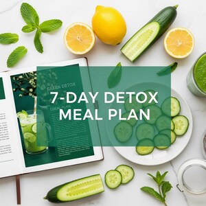 May include: A flat lay featuring a 7-Day Detox Meal Plan book, fresh cucumbers, lemons, mint leaves, and a green smoothie. The book's cover reads "7-DAY DETOX PDF" and "GREEN SUTOX". Sliced cucumbers are on a white plate.
