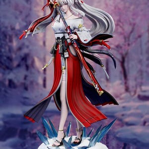 May include: A detailed anime-style figurine of a character with long white hair, wearing a white off-shoulder top and a long red skirt with black accents. The character holds a katana with a red scabbard and stands on a base of white snow and blue ice.