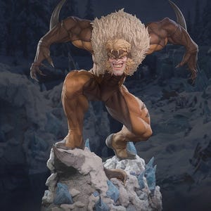 May include: A detailed collectible figurine of a muscular, snarling humanoid character with long blonde hair, a thick fur collar, and sharp claws. The figure is crouched in a dynamic pose on a textured, snow-covered rock base with blue ice shards.