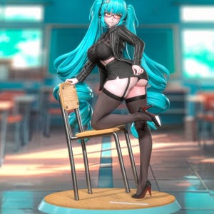 May include: A collectible anime-style figurine featuring a character with long teal hair, glasses, and a black pinstriped blazer over a lace top. The figure wears a black skirt, thigh-high stockings with garters, and high heels, posed on a chair.