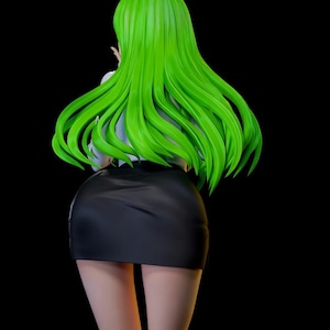 May include: A collectible figurine featuring a character with long, vibrant lime green hair flowing down the back. The figure wears a white collared shirt and a plain black mini skirt, captured from a rear perspective against a solid black background.