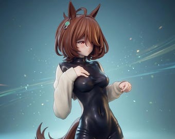 May include: A figurine of a character with short brown hair, horse-like ears, and a tail. The character wears a form-fitting black bodysuit with long, cream-colored sleeves. The figure has red eyes and a small teal accessory on the hair.
