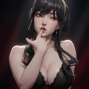 May include: A digital illustration of a character with long black hair, a light headband, and red eyes. The character wears a black lace bra with thin straps and small, pointed drop earrings. One finger is placed near the lips in a gesture.