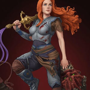 Può includere: Un'illustrazione digitale di un guerriero con lunghi capelli arancioni che indossa un'armatura d'argento con macchie di sangue. Il guerriero tiene una spada d'oro con un nastro viola in una mano e una testa di creatura rossa tentacolare con occhi verdi.