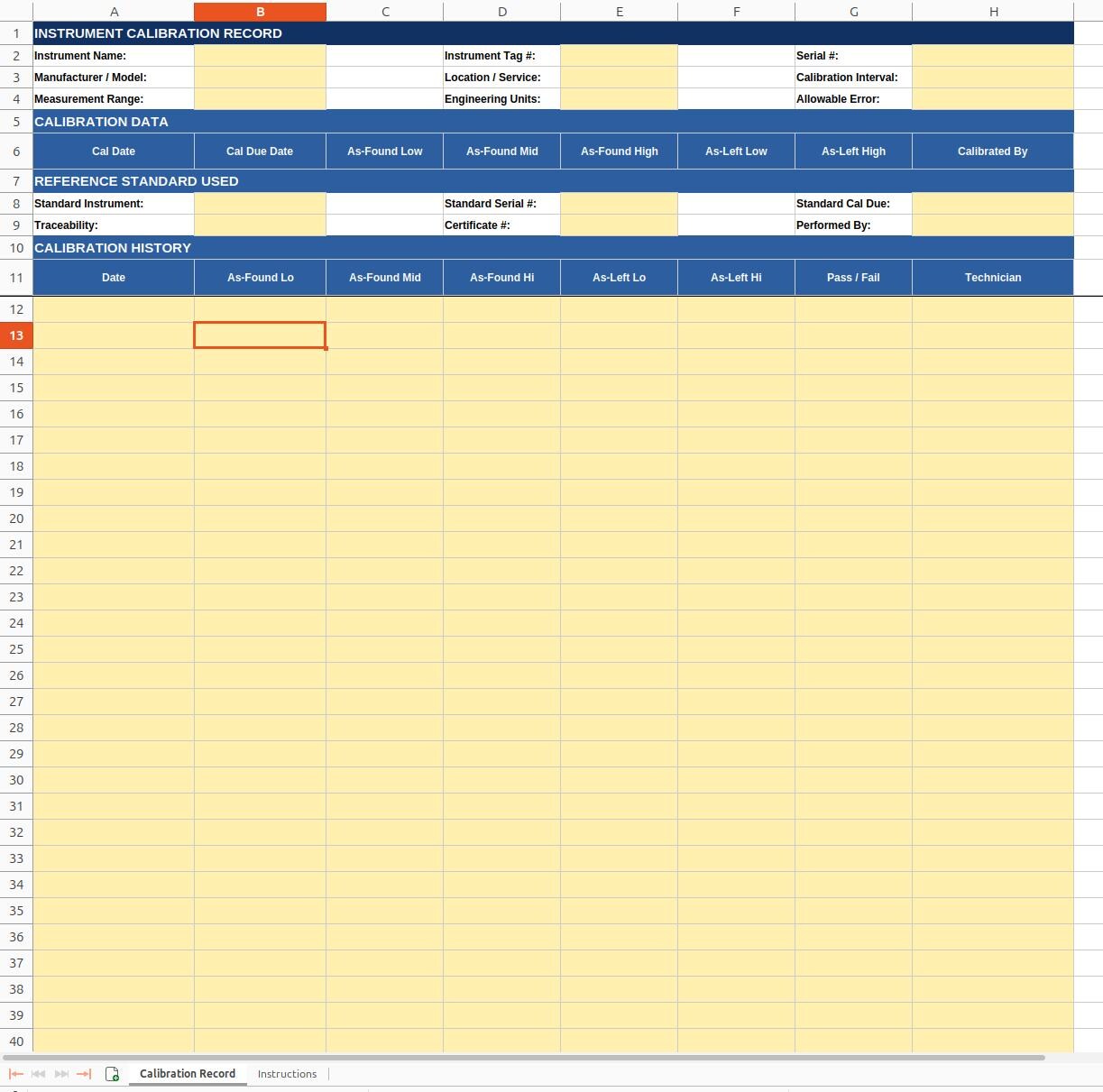 Instrument Calibration Record | Industrial Maintenance & Service Log ...
