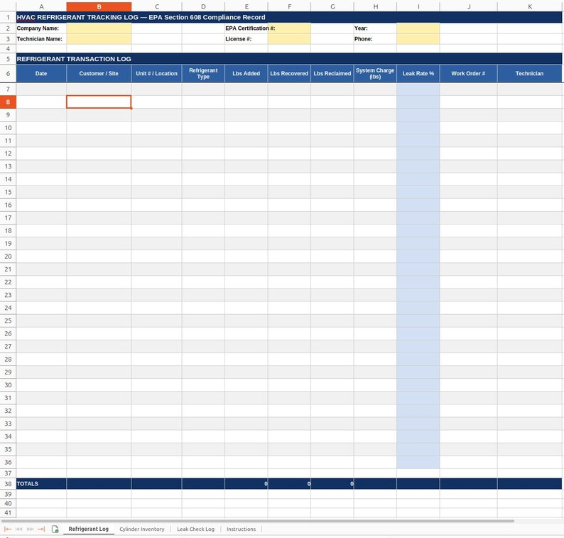 HVAC Refrigerant Tracking Log | EPA Section 608 Compliance Spreadsheet ...