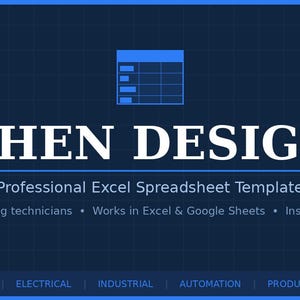 Puede incluir: Gráfico azul oscuro con el texto "RHEN DESIGN" en blanco y las palabras "Professional Excel Spreadsheet Template". La imagen también incluye el texto "Built by working technicians", "Works in Excel & Google Sheets" y "Instant Download".