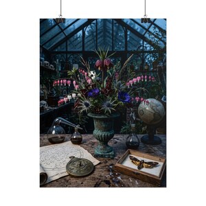 May include: A floral arrangement in a weathered green urn featuring purple fritillaria, pink bleeding hearts, and blue anemones. Nearby are a glass retort, a globe, a celestial map, a brass astrolabe, and a moth specimen in a wooden display box.