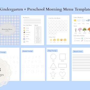 May include: A Kindergarten + Preschool Morning Menu Template featuring 8 pages of educational activities. Includes a cover, calendar, weather tracker, daily habits, and tracing sheets for letters, numbers, and shapes on a light blue background.