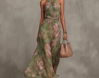Abito lungo verde a fiori con scollo all'americana, perfetto per un matrimonio estivo in stile boho o per una festa in giardino.