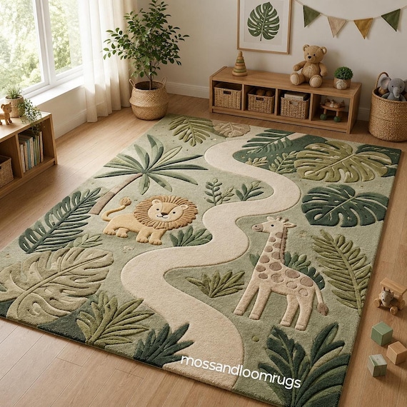 Jungle Safari Rug for Kids, Lion and Giraffe Tufted Carpet with Tropical Leaves