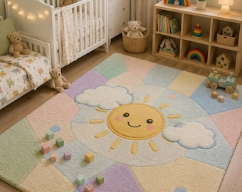 Smiling Sun Tufted Rug: Pastel Kids Room Carpet, Baby Nursery Playroom Decor