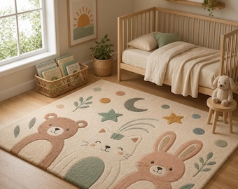 Woodland Animals Rug | Bear, Bunny, Cat Design for Nursery Decor