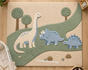 Dinosaur Nursery Rug, Soft Wool Play Mat with Sage