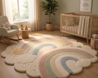 Pastel Rainbow Rug, Cloud Shaped Nursery Carpet for Kids' Playroom
