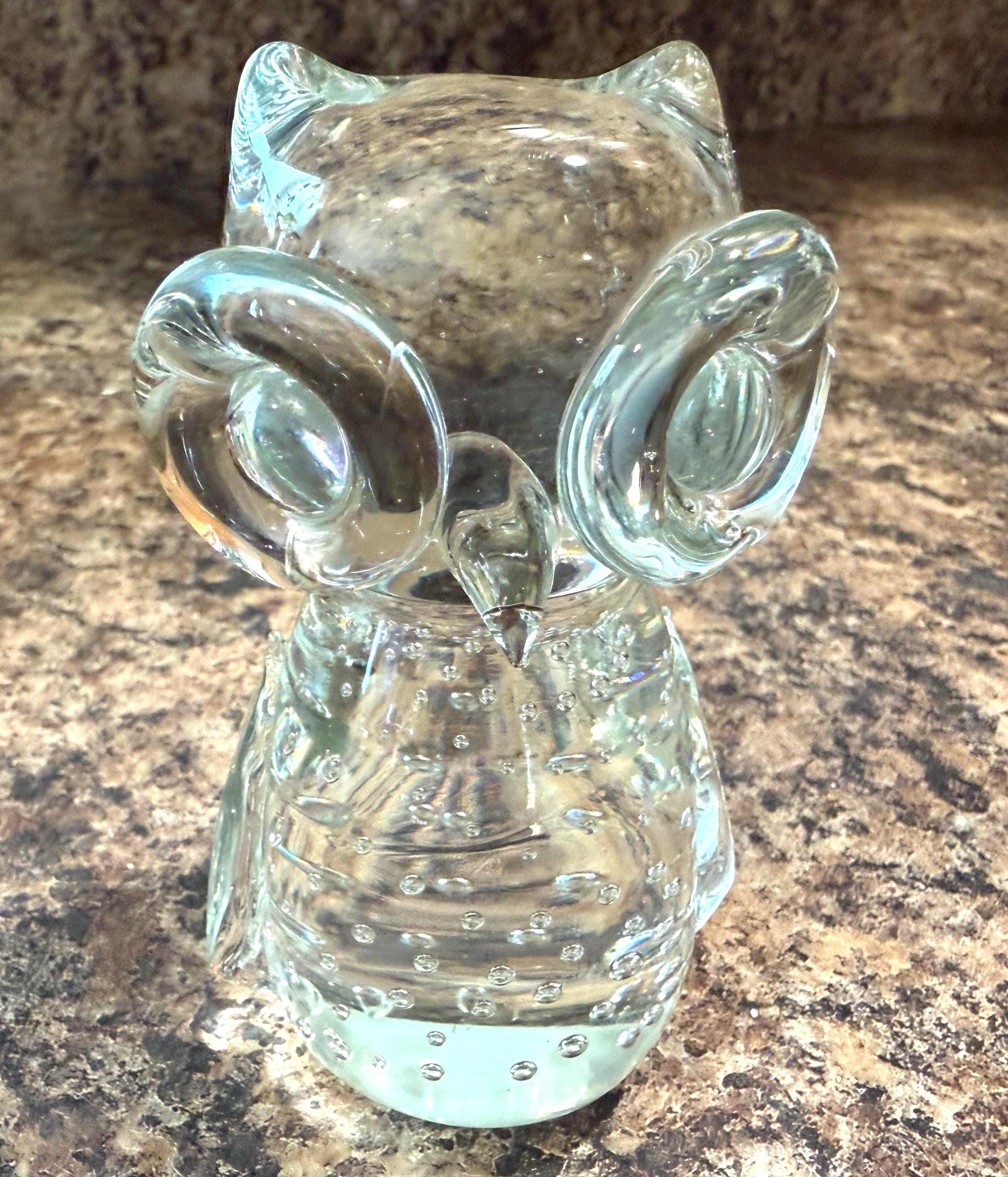 Vintage Clear Blown Glass Owl Paperweight Crafted  with Controlled Bubble Technique.