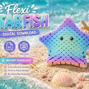 Puede incluir: Descarga digital de una colorida y articulada estrella de mar Flexi. La estrella de mar es un diseño impreso en 3D con un degradado de tonos azules, verdes y morados. La imagen incluye el texto "Flexi Starfish" y "Digital Download".