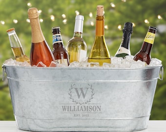 Galvanized tub, Party drink cooler, Personalized wedding, Laurel wreath, Rustic bar decor, Custom ice bucket, Beverage station, Wedding gift