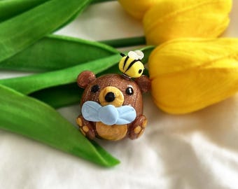 Handmade Clay Bear Figurine with Bee | Desk Buddy, Study Companion, Kawaii Decor