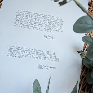 May include: Two printed pages with quotes from the movie Titanic. The first page features a quote by Jack Dawson, and the second page features a quote by Rose Dewitt Bukater. The text is in black ink on a white background.