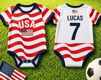 Custom USA Soccer Baby Bodysuit, Personalized USA Bodysuit With Name Number Fan Outfit