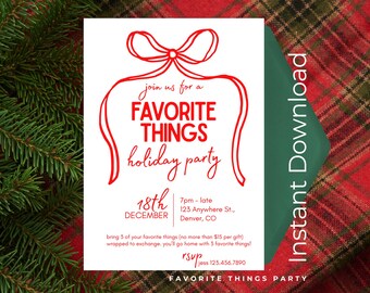 Puede incluir: Una invitación blanca con texto rojo y un lazo gráfico, que anuncia una "Favorite Things Holiday Party" el 18 de diciembre. Incluye detalles del evento e información de RSVP. El fondo presenta un sobre verde y un patrón de cuadros rojos.