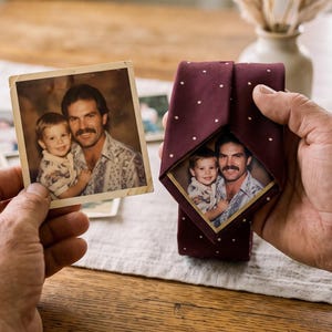 Op de afbeelding: Een donkerbordeauxrode das met een patroon van kleine witte stippen en een vierkante foto van een man en een kind aan de voorzijde, vastgehouden naast een bijpassende vierkante vintage foto van dezelfde personen op een lichte achtergrond.