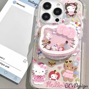 Simpatica custodia MagSafe per iPhone di Hello Kitty, cover per telefono Kawaii Sanrio, custodia protettiva fatta a mano con supporto per iPhone 17/16/15 Pro Max