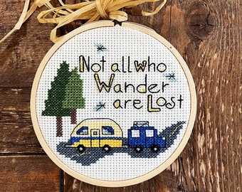 KIT - Not all who Wander are Lost - 4x4 - kits comes with hoop, fabric .. everything you need!  Counted Cross Stitch