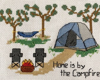"SET - ""Zelt Camping"" ""Home is by the Campfire"" Kreuzstich-Design - 13 x 18 cm"
