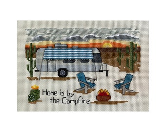 PATTERN - Airstream in the Desert - Camping Counted Cross Stitch - "Home is by the Campfire"