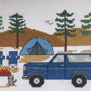 PDF Download - &quot;Bronco and the Cat Camping&quot; -  Camping Counted Cross Stitch - Ford Bronco - Tent Camping