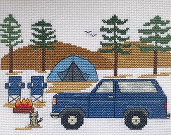 INSTANT DOWNLOAD - Pdf Pattern - "Bronco and the Cat Camping" -  Camping Counted Cross Stitch - Ford Bronco - Tent Camping