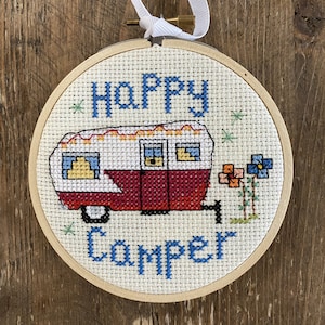 PDF Download - Mini Happy Camper - 4x4 shown in hoop and frame - Counted Cross Stitch