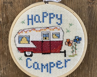 PDF PATTERN - Mini Happy Camper - 4x4 shown in hoop and frame - Counted Cross Stitch