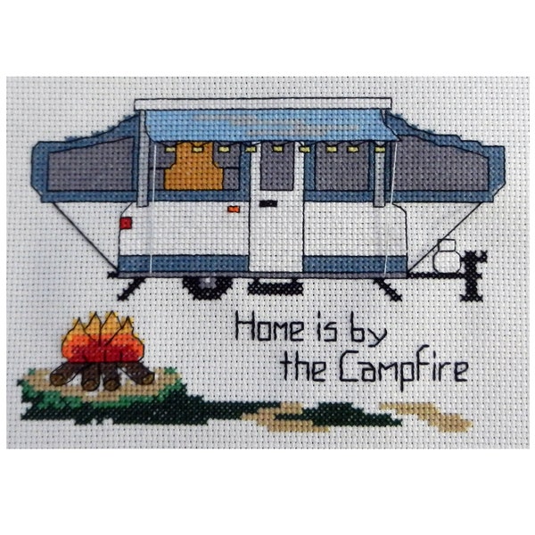 KIT - Pop-Up Camper - Camping Counted Cross Stitch - "Home is by the Campfire"