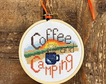 Instant Download - Coffee and Camping - 4x4 shown in hoop and frame - Counted Cross Stitch - PDF PATTERN