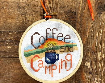 Instant Download - Coffee and Camping - 4x4 shown in hoop and frame - Counted Cross Stitch - PDF PATTERN