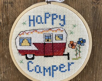 KIT - Mini Happy Camper - 4x4 - kits comes with hoop, fabric .. everything you need!  Counted Cross Stitch